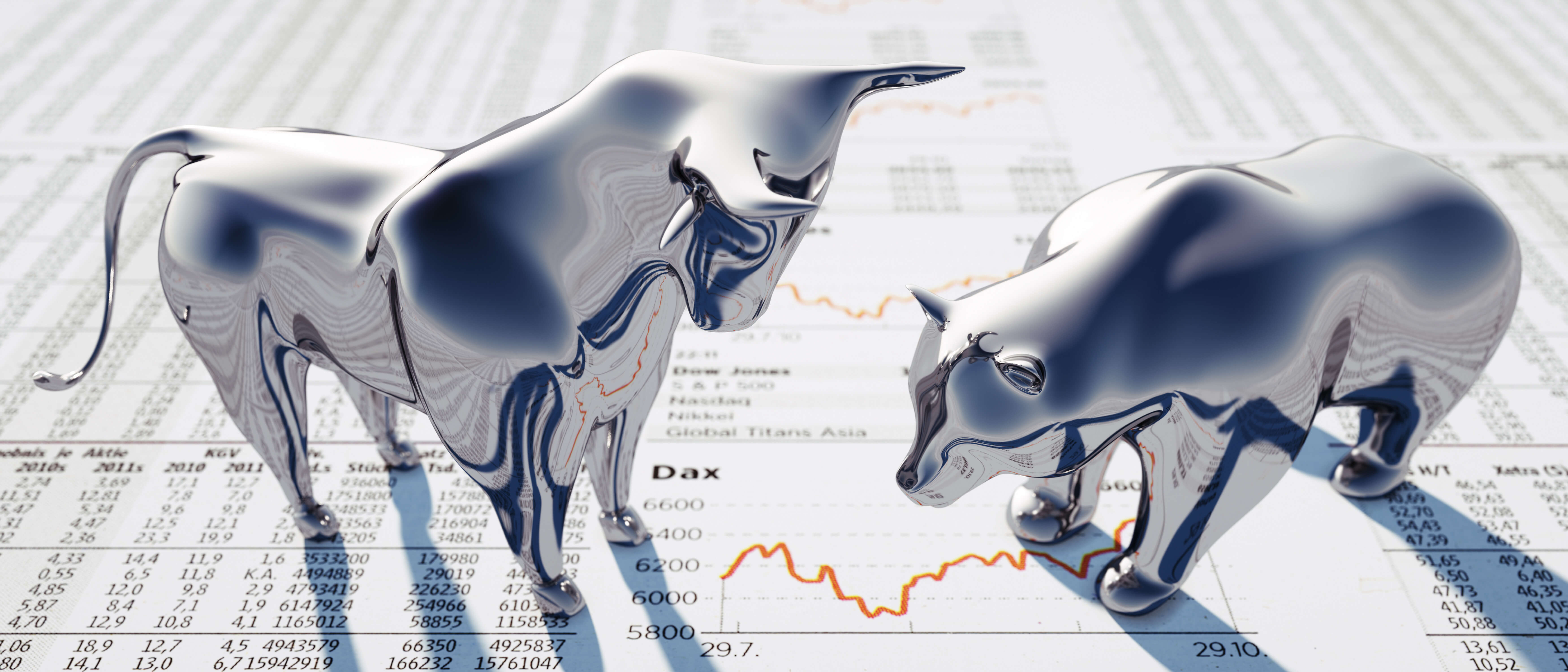 Image of a bull and bear standing over market charts and data